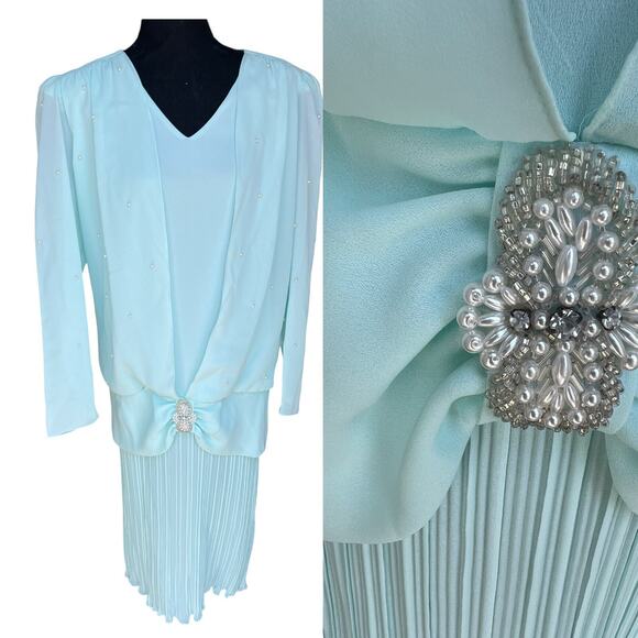 Vintage Patra Dress Pleated Beaded Mint Green  Drop waist 16 Mother Of The Bride - Picture 1 of 11